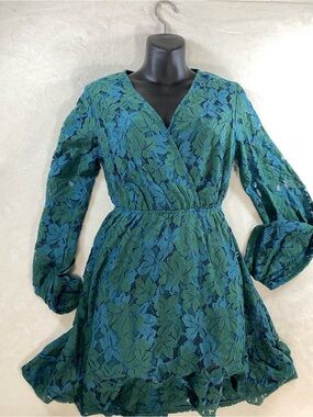 Cupshe Green Teal Lace Long Sleeve Wrap Mini Dress Lined NWT Size Small
